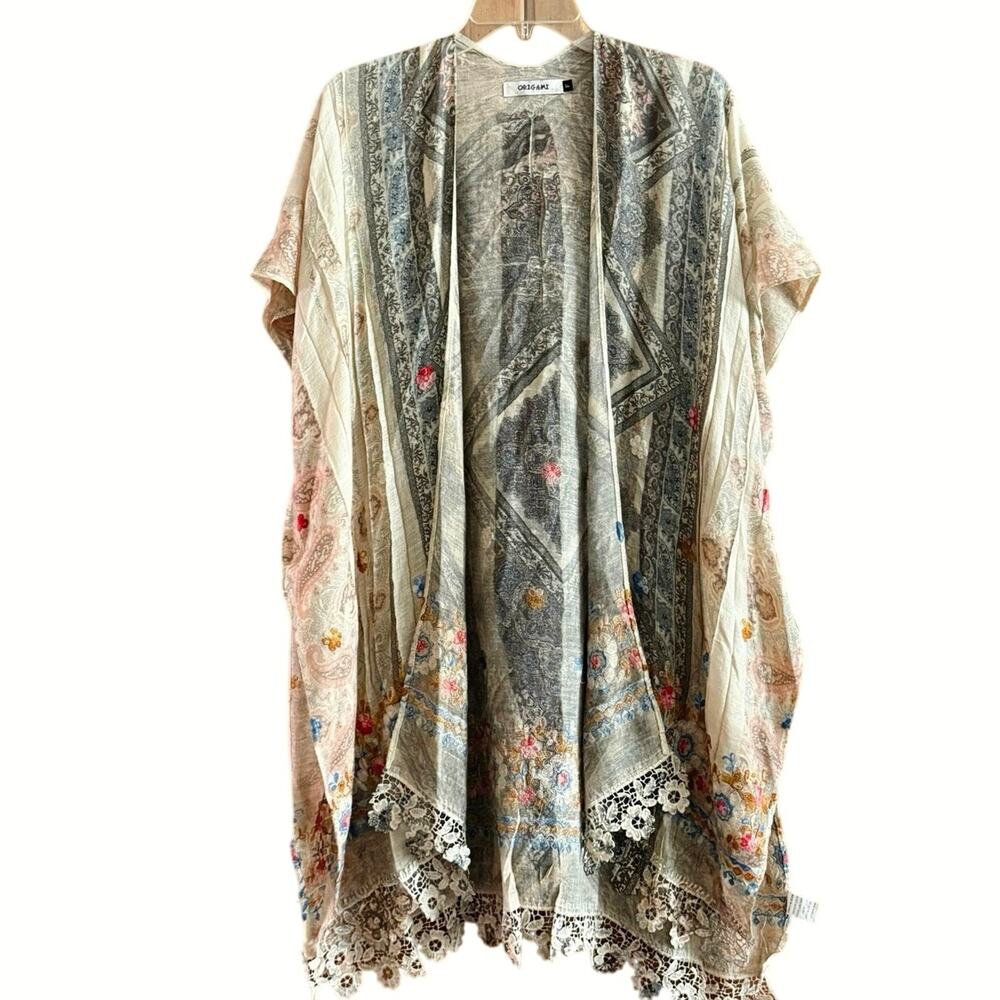 Origami boho open cardigan kimono lace embroidered coastal grandma western OS - Picture 1 of 14